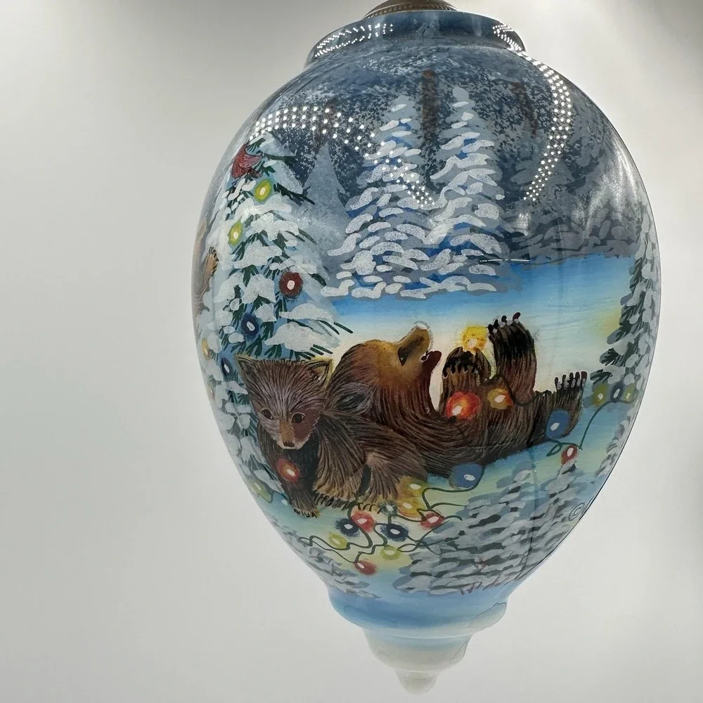 Dona Gelsinger Winter Bears Glass Christmas Ornament 6‎ in Egg Shape Handpainted